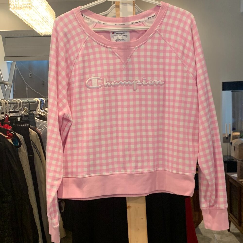 Champion Size L Pink and White Gingham Sweatshirt